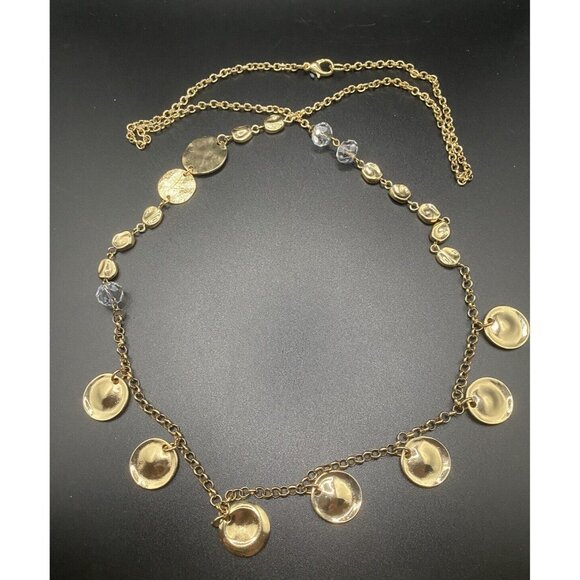 Necklace Polished Discs Yellow Gold Tone Fashion Faceted Crystals 36" 80's Layer - Picture 2 of 6